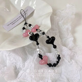 Black Heart Pearl Beaded Charm Phone Pendant Crystal Wristband Keychain Bracelet Lanyard Cord