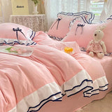 Korean Princess White Bedding Set For Women Double Ruffle Lace Duvet Cover Full Queen Solid Color Comfortable Falt Bed Sheet Set