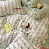 Cute Cartoon Embroidery Stripe Bedding Set Washed Cotton Soft Four Piece Sets Pillowcase Duvet Cover Set 200x230cm Home Textiles