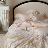 Lace Embroidery Bedding Set Luxury Pink Egyptian Cotton Princess Duvet Cover Bed Sheet Pillowcases Solid Color Bedclothes