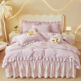 Luxury Winter Thickened Velvet Rose Flowers Embroidery Bedding Set Ruffles Duvet Cover, Quilted Bedspread, Bed Skirt, Pillowcase