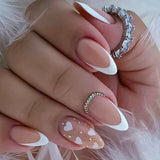 24pcs Valentine French Glitter Powder Heart Pattern False Nails Gradient Pink Press on Nails Almond Full Cover Wearable Manicure