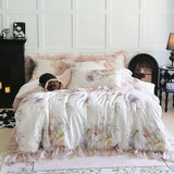 Rose Flower Print Bedding Set Luxury Lyocell Cotton Chiffon Lace Ruffles Duvet Cover Bed Sheet/Bed Skirt/Fitted Sheet Pillowcase