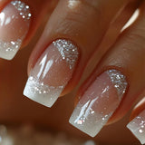 24Pcs Short Square Coffin White Border False Nails with Glue French Glitter Wearable Ballerina Design Nails Press on Nail Tips