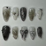 Almond Press on Fake Nails 3D Ripple Star False Nails Blue Smudge Detachable Full Cover Nails Tips 3D Shell Pearl Acrylic Nail