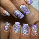24pcs Sweet Cool False Nails Gradient French Fake Nail Tips with Purple Flowers Design Short Square Press on Nails Colorful Nail