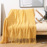 Knitted Throw Blanket Soft Cozy for Couch Yellow Living Room Home Decor Outdoor Lightweight Blanket with Tassels Warm Woven