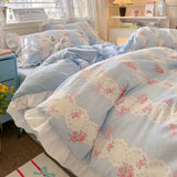 Korean Princess Style 4Pcs Floral Ruffles Bedding Set Single Queen Size Soft Skin-friendly Washed Cotton Duvet Cover Pillowcase