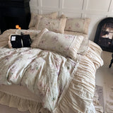 Flowers Prints Pleated Ruffles Princess Bedding Set 100% Cotton Double Layer Yarn Duvet Cover Quilted Bedspread Pillowcases 4Pcs