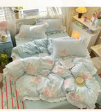 4Pcs Korean Princess Style Floral Ruffles Bedding Set Single Queen Size Soft Skin-friendly Washed Cotton Duvet Cover Pillowcase