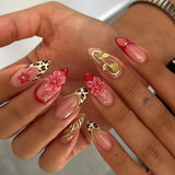 Almond Press on Fake Nails 3D Ripple Star False Nails Blue Smudge Detachable Full Cover Nails Tips 3D Shell Pearl Acrylic Nail