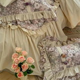 4/5Pcs Vintage French Style Flowers Pleated Lace Ruffles Bedding Set Egyptian Cotton Duvet Cover Bed Skirt Bed Sheet Pillowcases