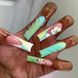 24pcs Wearable Press on Nails Fashion Flower Pearl Design Long Square Fake Nails Tips White French Coffin False Nail Finished