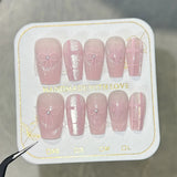 10pcs 3D Design Press on Nail Medium Glossy Pink Powder Blusher Fake Nails with Cute Bowknot Heart Pearl Full Cover False Nails