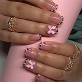 24Pcs White Fake Nails Press on Nails French Pink Bow Design Gentle Flower Acrylic False Nail with Jelly Glue Wearable Manicure