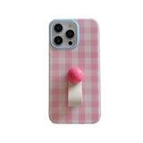 Korean INS Pink Checker Matte Double Layers Ring Strap Phone Case for iPhone 16 15 14 13 Pro Max Back Cover for 12 Pro Funda