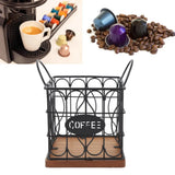Large Capacity Coffee Pod Holder Wooden Base Countertop Design Coffee Capsule Storage Basket Metal Wire Mesh Space Saving