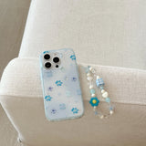 Sweet & Delicate Pastel Blue Floral Wrist Chain with 3D Flower Charms Phone Case for iPhone 16 15 14 13 Pro Max Back Cover Capa