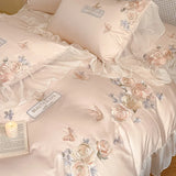 Rose Flowers Embroidery Lace Ruffles Bedding Set Lyocell Cotton Soft Silky Cooling Duvet Cover Flat/Fitted Bed Sheet Pillowcases