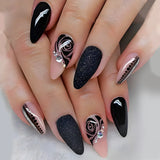 Mid-length Almond Press on Nails Black Irregular Flower Fake Nails with Simple Diamond Wearable Manicure Full Cover False Nails