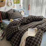 Bedding Set Ins Ambiance Blue Coffee Grid Mixed With Washed Cotton Minimalist Four Piece Set Fitted Sheets Duvet Cover