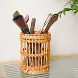 Vietnamese bamboo woven vintage wooden pen holder, desktop stationery, comb, makeup, calligraphy tool organizer ornament