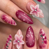 24pcs Pink Almond False Nail Art Datachable Cute Cherry Bow Design Nails Sets Press on Mid-length French Fake Nails Tip Finished