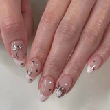 24Pcs Nude Pink Nail Tips Short Round Head False Nails with Design Wearable Finished Fake Nails Full Cover Press on Nails