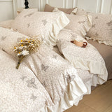 3/4Pcs Vintage French Floral Ruffles Knitted Cotton Double Yarn Soft Skin-friendly Bedding Set Duvet Cover Bed Sheet Pillowcases