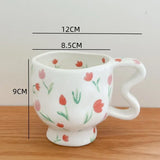 Floral Ceramic High Footed Mug Coffee Cup Hand Pinched Irregular Flower Milk Tea Cup Oatmeal Breakfast Mug Juice Cups Drinkware