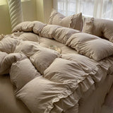 Ins Princess Bedding Set Double Layer Lace Simple Solid Duvet Cover Soft Wash Cotton 4pcs For Girl Spring Home Textiles
