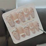 10Pcs Pink Handmade Press on Nails Full Cover Pearl Light Cat Eye Design French Sweet Bow Tiw False Nail Tips Wearable Manicure