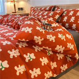 Ikeehome  Thiened Warm Flannel Bedding Set Pure Cotton Bear Pattern Autumn Winter Four-Piece Quilt Cover eet Tee-Piece Set