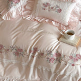 Rose Flowers Embroidery Lace Ruffles Luxury Bedding Set 1000TC Egyptian Cotton Duvet Cover Set Flat/Fitted Bed Sheet Pillowcases