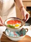 Ceramic Soup Bowl With Handle Salad Pasta Bowl Kitchen Tableware Microwave Oven Bakware 7.5inch Japanese Household Noodle Bowl