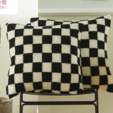 Black Faux Fur Wool Throw Pillow Cover Checked Cushion Cover for Sofa Couch Living Room Polyester Lumbar Pillow Home Decoration