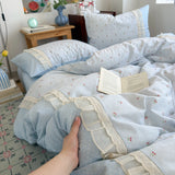 3pcs cotton Duvet Cover Set (1 Duvet Cover + 1 Pillowcase+1 flatsheet), Blue floral ruffled Bedding Set Soft Comfortable
