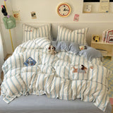 Cute Cartoon Embroidery Stripe Bedding Set Washed Cotton Soft Four Piece Sets Pillowcase Duvet Cover Set 200x230cm Home Textiles