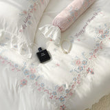 4Pcs Flowers Embroidery Lace Ruffles Bedding Set Lyocell Eucalyptus Fiber Silky Duvet Cover Bed Sheet Fitted Sheet Pillowcases