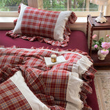 Vintage Lace Ruffles Plaid Print Princess Bedding Set 100% Cotton Double Yarn Duvet Cover Flat/Fitted Bed Sheet Pillowcases 4Pcs