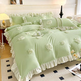 Korean Princess Style Flowers Lace Ruffles Bedding Set Comforter Queen King 4Pcs Duvet Cover Bed Sheet/Fitted Sheet Pillowcase