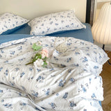 Floral Bedding Set Lace Trim Simple Fresh Elegant Flat Fitted Sheet With Pillowcases Soft Washed Cotton For Women Girl Gift