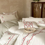 Flowers Embroidery Bedding Set Cotton Satin Bed Linens Sheet Pillowcase Duvet Cover Set Underwear