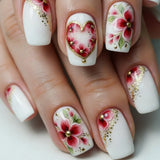 Flower Press on Nails Short Square Fake Nails with Pink Checkered Stick on Nail Cute Acrylic False Nail Spring Summer Nails