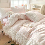 Korean Style Princess Bedding Set Luxury Pink Lattice Duvet Cover Ruffles Lace Bedspread Bed Sheet Pillowcases