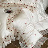 Luxury Light Champagne Rose Embroidery Ruffled Bedding Set Lyocell Soft Silky Cooling Duvet Cover Set Bed Sheet Pillowcases 4Pcs