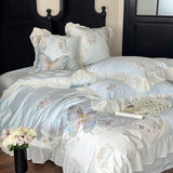 Vintage French Lace Ruffles Butterfly Embroidery Bedding Set 100S Egyptian Cotton Duvet Coves Bed Sheet Pillowcases