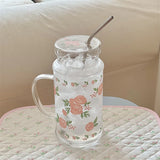 French Style Glass Suction Tube Cup Elegant Pink Rose Large Capacity Juice Drink Cup Girl Outdoor Office Cold Summer Drinks Cup