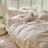 3pcs Pink Grid Bedding Set bedding set lace duvet cover and 2pcs pillowcases (no padding), suitable for bedroom