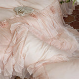 Pink Egyptian Cotton Princess Wedding Bedding Set Luxury Lace Ruffle Flowers Duvet Cover Sets Bed Sheet Pillowcases Home Textile